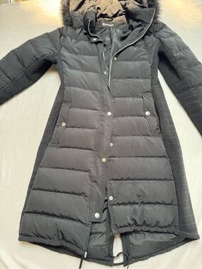 Express Black Quilted Hooded Long Puffer Coat with Faux Fur Trim